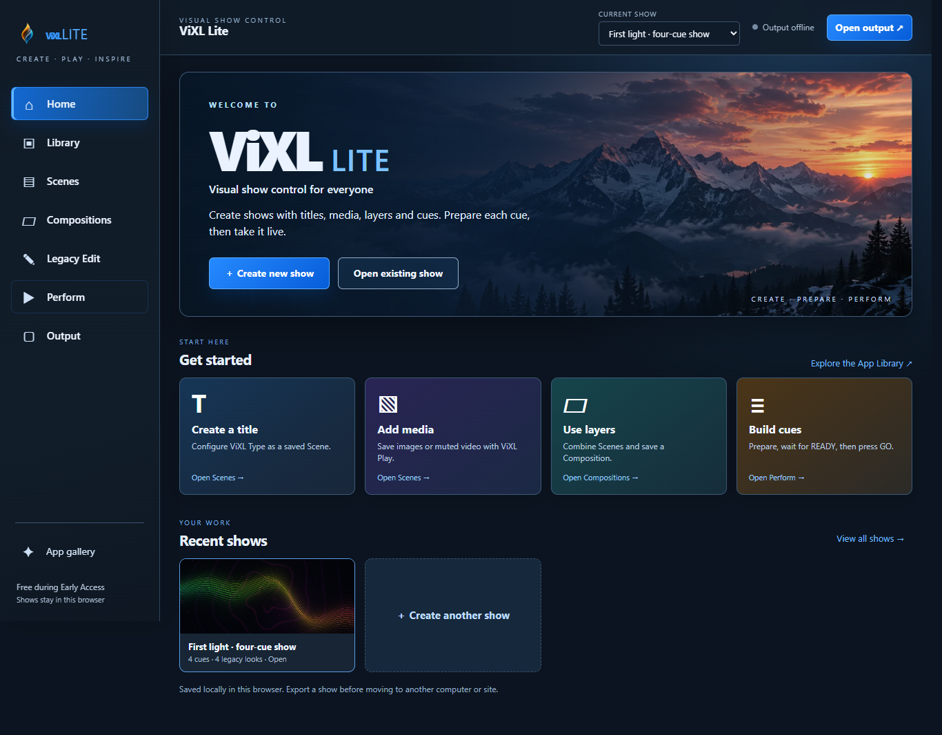 Actual hosted ViXL Lite beta Home screen showing the main workspace navigation and a sample show